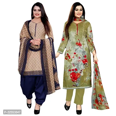 Designer Multicoloured Cotton Unstitched Dress Material Top With Bottom Wear And Dupatta Set For Women Pack Of 2