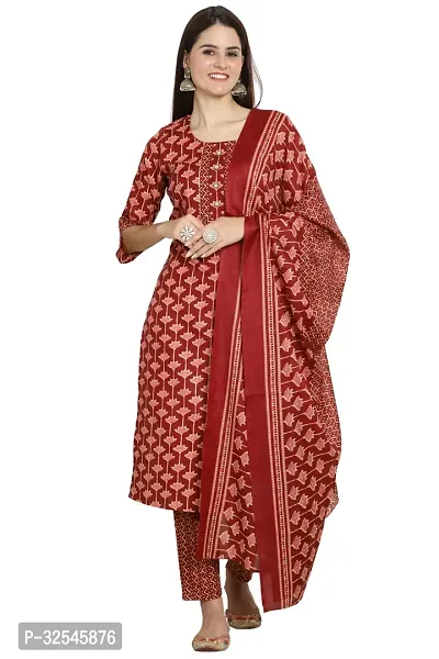 Stylish Multicoloured Cotton Printed Kurta Bottom and Dupatta Set For Women