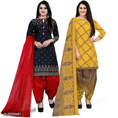 Elegant Multicoloured Crepe Printed Dress Material with Dupatta For Women Pack Of 2-thumb0