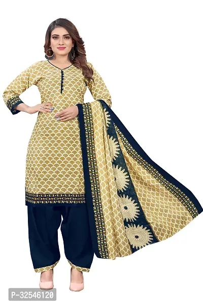 Stylish Beige Cotton Blend Printed Kurta Bottom and Dupatta Set For Women-thumb0