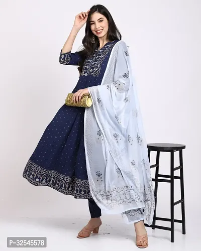 Stylish Navy Blue Rayon Embroidered Kurta Bottom and Dupatta Set For Women-thumb5