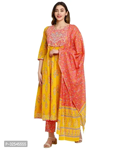 Stylish Multicoloured Cotton Embroidered Kurta Bottom and Dupatta Set For Women