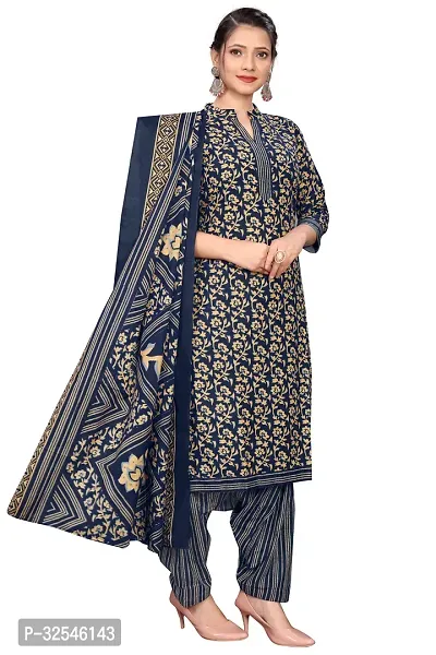 Stylish Navy Blue Cotton Blend Printed Kurta Bottom and Dupatta Set For Women-thumb2