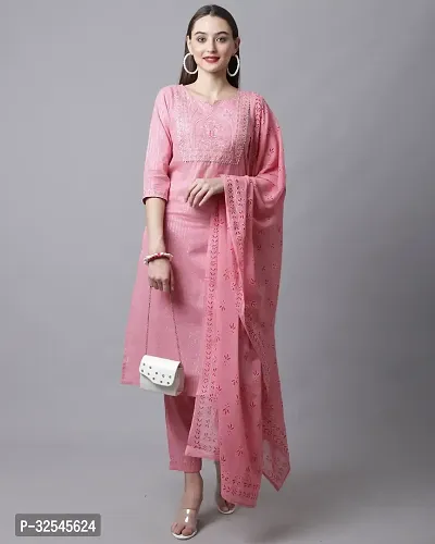 Stylish Pink Cotton Embroidered Kurta Bottom and Dupatta Set For Women-thumb5