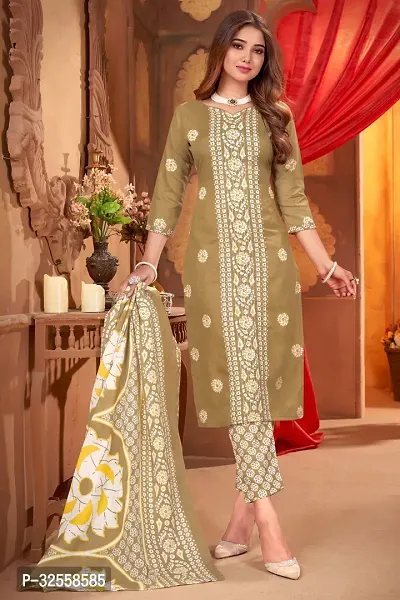 Elegant Beige Cotton Blend Printed Dress Material with Dupatta For Women-thumb3