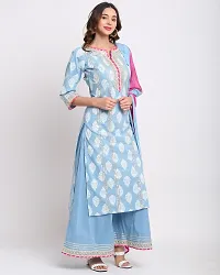 Stylish Blue Cotton Printed Kurta Bottom and Dupatta Set For Women-thumb2