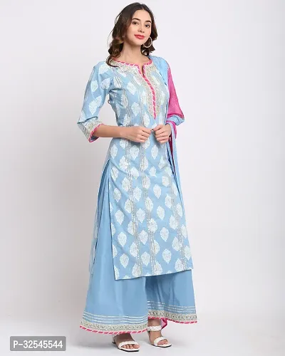 Stylish Blue Cotton Printed Kurta Bottom and Dupatta Set For Women-thumb3