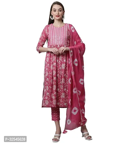 Stylish Pink Cotton Printed Kurta Bottom and Dupatta Set For Women