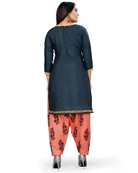 Elegant Navy Blue Cotton Blend Printed Dress Material with Dupatta For Women-thumb1