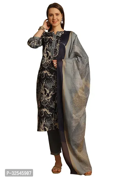 Stylish Navy Blue Cotton Blend Printed Kurta Bottom and Dupatta Set For Women