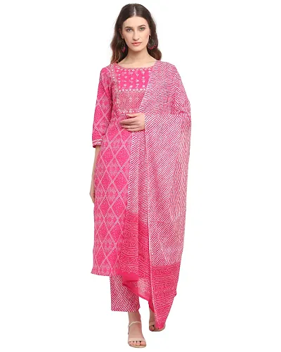 Monira Women's Cotton Embroidered Straight Kurta Set With Dupatta(Ready To Wear; Pink And White; S To 2XL)(MONVL239-P)