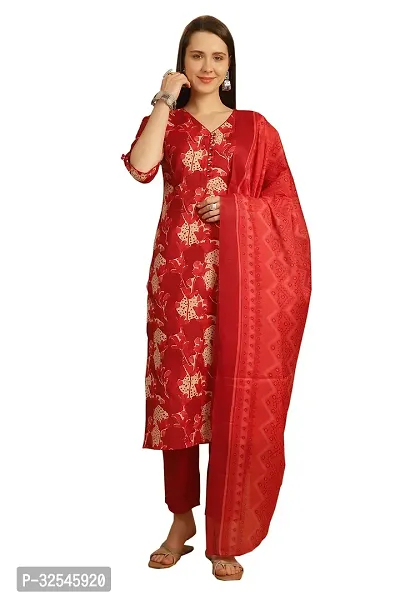 Stylish Red Cotton Blend Printed Kurta Bottom and Dupatta Set For Women