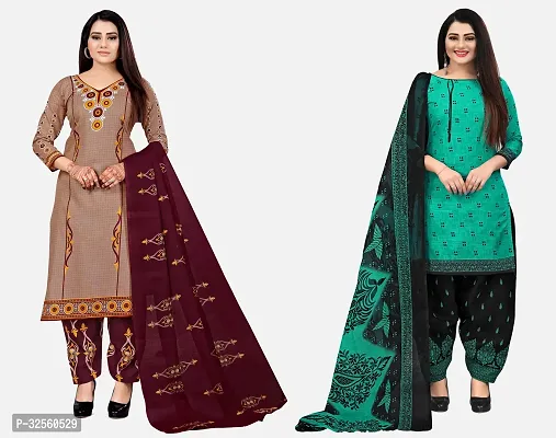 Elegant Multicoloured Cotton Printed Dress Material with Dupatta For Women Pack Of 2-thumb0