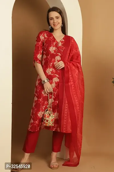 Stylish Red Cotton Blend Printed Kurta Bottom and Dupatta Set For Women-thumb3