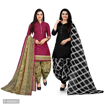 Designer Multicoloured Cotton Unstitched Dress Material Top With Bottom Wear And Dupatta Set For Women Pack Of 2-thumb0