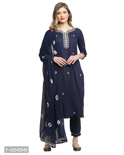 Stylish Navy Blue Cotton Embroidered Kurta Bottom and Dupatta Set For Women