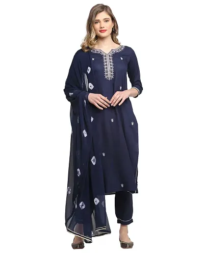 Stylish Cotton Straight Printed Kurtis with Bottom and Dupatta Set