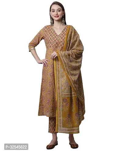 Stylish Mustard Cotton Printed Kurta Bottom and Dupatta Set For Women