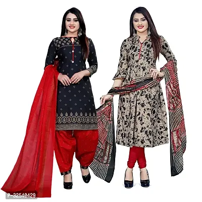 Elegant Multicoloured Cotton Printed Dress Material with Dupatta For Women Pack Of 2-thumb0