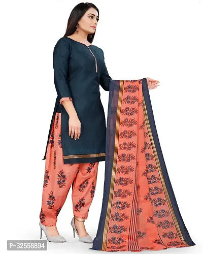 Elegant Navy Blue Cotton Blend Printed Dress Material with Dupatta For Women-thumb5