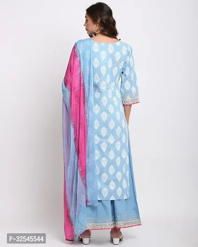 Stylish Blue Cotton Printed Kurta Bottom and Dupatta Set For Women-thumb2