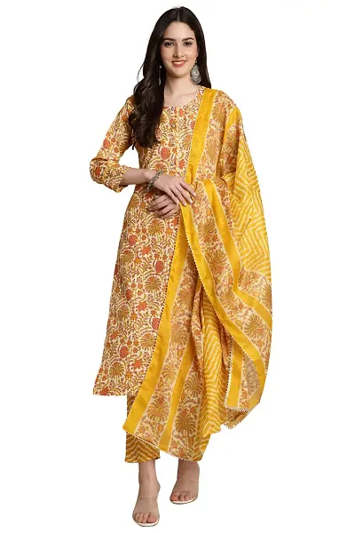 Stylish Printed Cotton Blend Kurta With Bottom With Dupatta Set