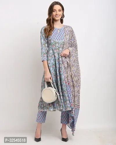 Stylish Blue Cotton Printed Kurta Bottom and Dupatta Set For Women-thumb4