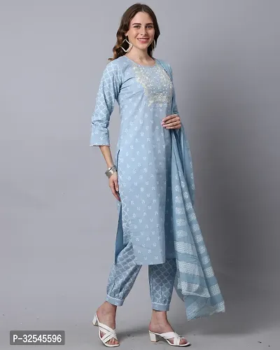 Stylish Blue Cotton Printed Kurta Bottom and Dupatta Set For Women-thumb4