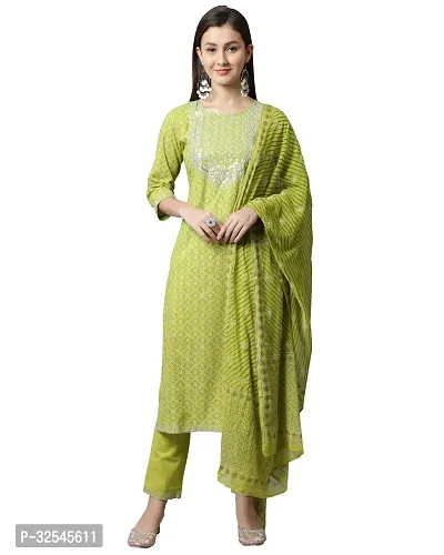 Stylish Green Cotton Printed Kurta Bottom and Dupatta Set For Women