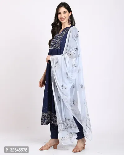 Stylish Navy Blue Rayon Embroidered Kurta Bottom and Dupatta Set For Women-thumb4