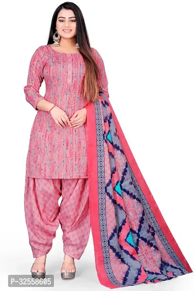 Elegant Pink Cotton Blend Printed Dress Material with Dupatta For Women-thumb0