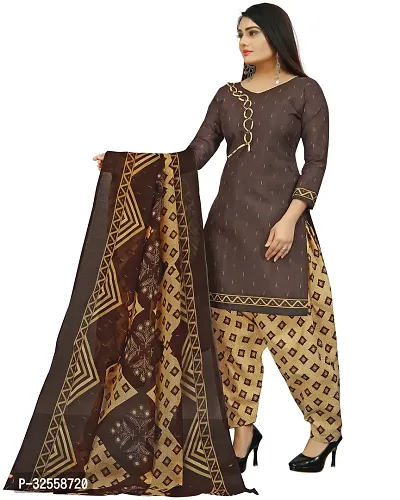 Elegant Brown Cotton Blend Printed Dress Material with Dupatta For Women-thumb3