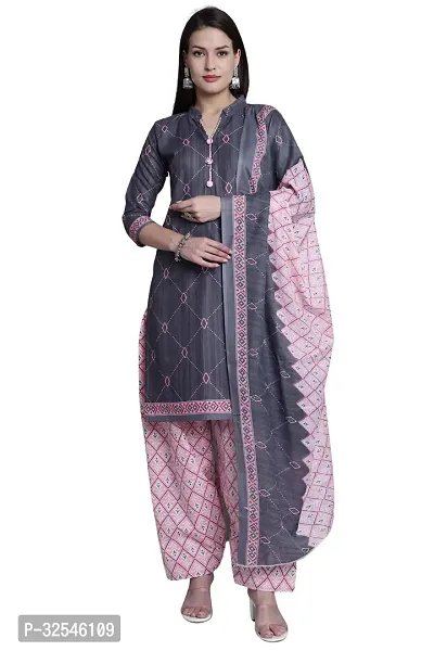 Stylish Grey Cotton Blend Printed Kurta Bottom and Dupatta Set For Women-thumb0