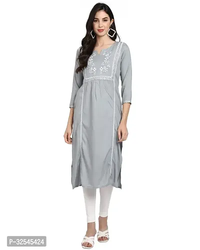 Stylish Grey Rayon Slub Embroidered Kurta For Women-thumb0