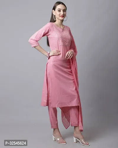 Stylish Pink Cotton Embroidered Kurta Bottom and Dupatta Set For Women-thumb4