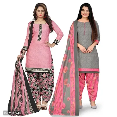 Stylish Multicoloured Cotton Printed Dress Material with Dupatta For Women Pack Of 2-thumb0