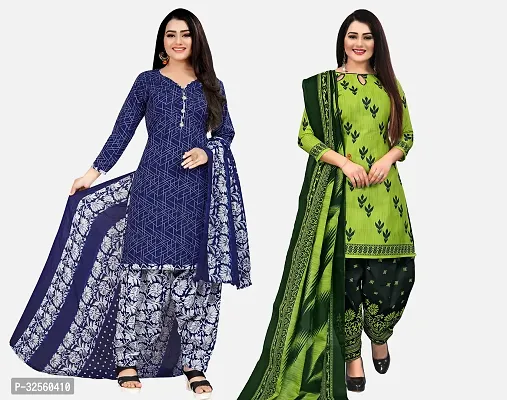 Elegant Multicoloured Cotton Printed Dress Material with Dupatta For Women Pack Of 2-thumb0