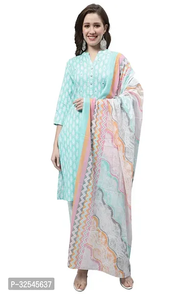 Stylish Green Cotton Printed Kurta Bottom and Dupatta Set For Women