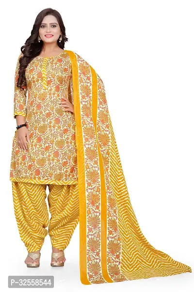 Elegant Yellow Cotton Blend Printed Dress Material with Dupatta For Women-thumb0