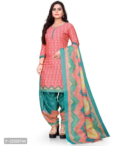 Elegant Peach Cotton Blend Printed Dress Material with Dupatta For Women