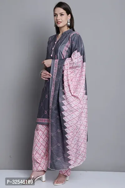 Stylish Grey Cotton Blend Printed Kurta Bottom and Dupatta Set For Women-thumb3