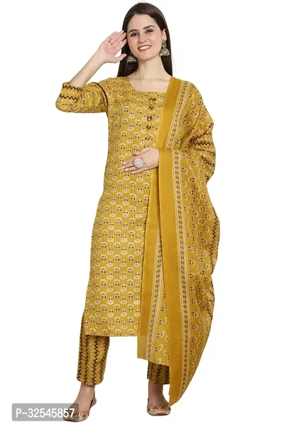 Stylish Multicoloured Cotton Printed Kurta Bottom and Dupatta Set For Women