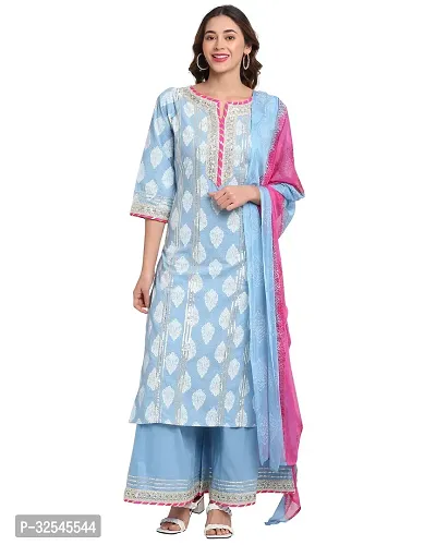 Stylish Blue Cotton Printed Kurta Bottom and Dupatta Set For Women-thumb0