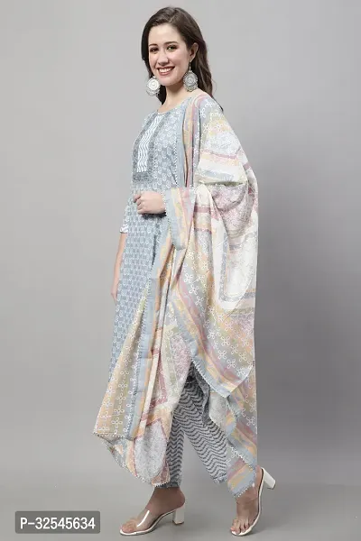 Stylish Grey Cotton Printed Kurta Bottom and Dupatta Set For Women-thumb3