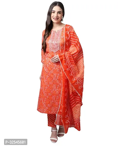 Stylish Orange Cotton Printed Kurta Bottom and Dupatta Set For Women