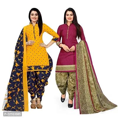 Designer Multicoloured Cotton Unstitched Dress Material Top With Bottom Wear And Dupatta Set For Women Pack Of 2-thumb0