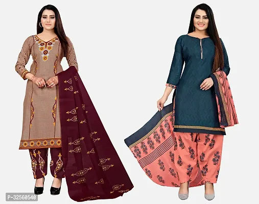 Elegant Multicoloured Cotton Printed Dress Material with Dupatta For Women Pack Of 2-thumb0