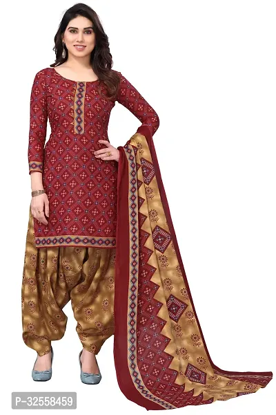 Elegant Maroon Cotton Blend Printed Dress Material with Dupatta For Women-thumb0