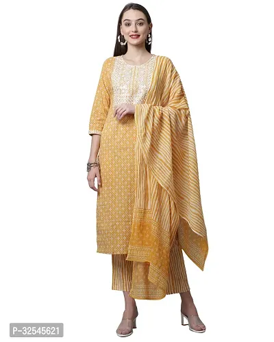 Stylish Mustard Cotton Printed Kurta Bottom and Dupatta Set For Women