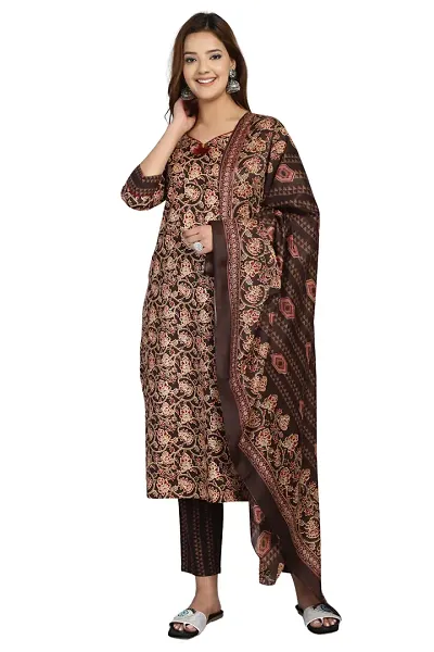 Stylish Printed Cotton Blend Kurta With Bottom With Dupatta Set